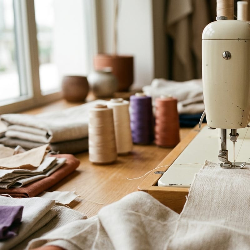 Machine à coudre, bobines de fil et tissus dans un atelier de couture